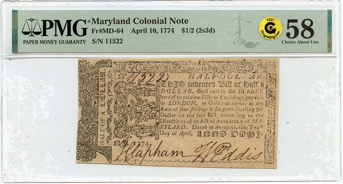 1774 $1/2 Maryland Colonial Note PMG AU58 MD-64 Circulated (1 of 2)