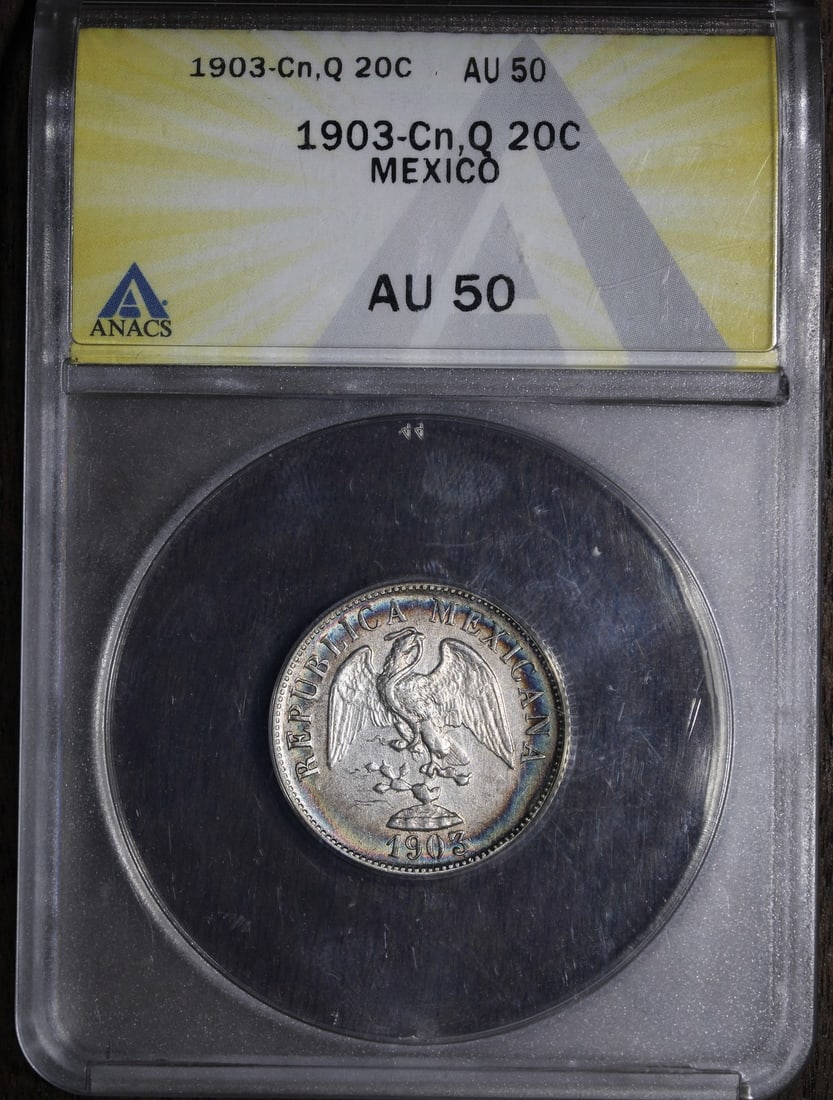 1903 Mexico 20 Centavo Coin AU50 ANACS Rainbow Toned Silver: 1903 Mexico 20 Centavo Coin AU50 ANACS Rainbow Toned Silver This 1903 Mexico 20 Centavo coin features a beautiful rainbow toning and is graded AU 50 by ANACS. It represents the Second Republic period