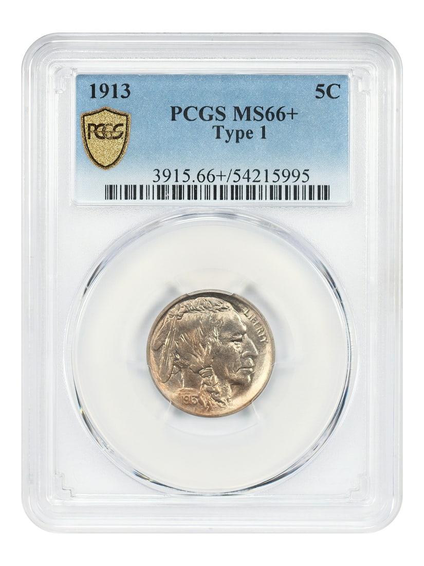 1913 Buffalo Nickel PCGS MS66 Plus First Year Philadelphia Five Cent Coin: 1913 Buffalo Nickel PCGS MS66 Plus First Year Philadelphia Five Cent Coin This is a 1913 Buffalo Nickel, Type 1, graded MS66+ by PCGS. It is an uncirculated first-year issue from the Philadelphia Mint