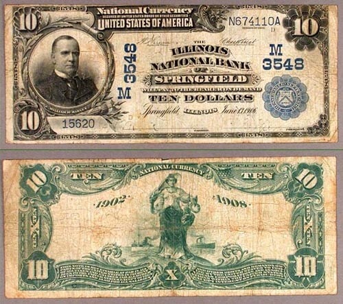 1902 $10 National Bank Note Illinois NB Springfield Ch 3548 Very Good: 1902 $10 National Bank Note Illinois NB Springfield Ch 3548 Very Good This is a circulated Springfield, Illinois $10 National Bank Note from 1902, designated as DB and issued by the Illinois National