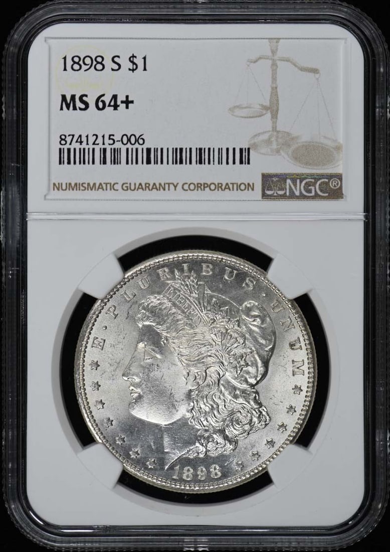 1898-S Morgan Dollar NGC MS64+ Uncirculated San Francisco: 1898-S Morgan Dollar NGC MS64+ Uncirculated San Francisco This stunning 1898-S Morgan Dollar has been certified by NGC with a high grade of MS64+, indicating its uncirculated condition. Minted in San