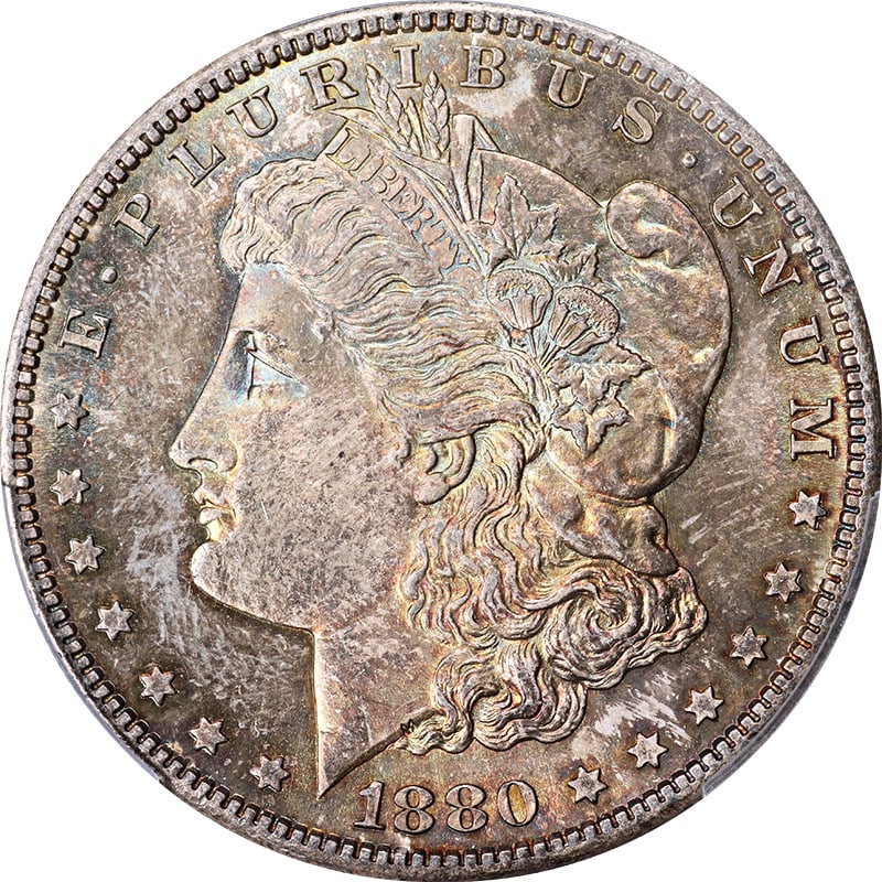 PCGS MS65 1880-S Morgan Dollar San Francisco Silver with Attractive Toning: PCGS MS65 1880-S Morgan Dollar San Francisco Silver with Attractive Toning This 1880-S Morgan Silver Dollar is certified by PCGS with a grade of MS65. The coin features strong strike, attractive luste