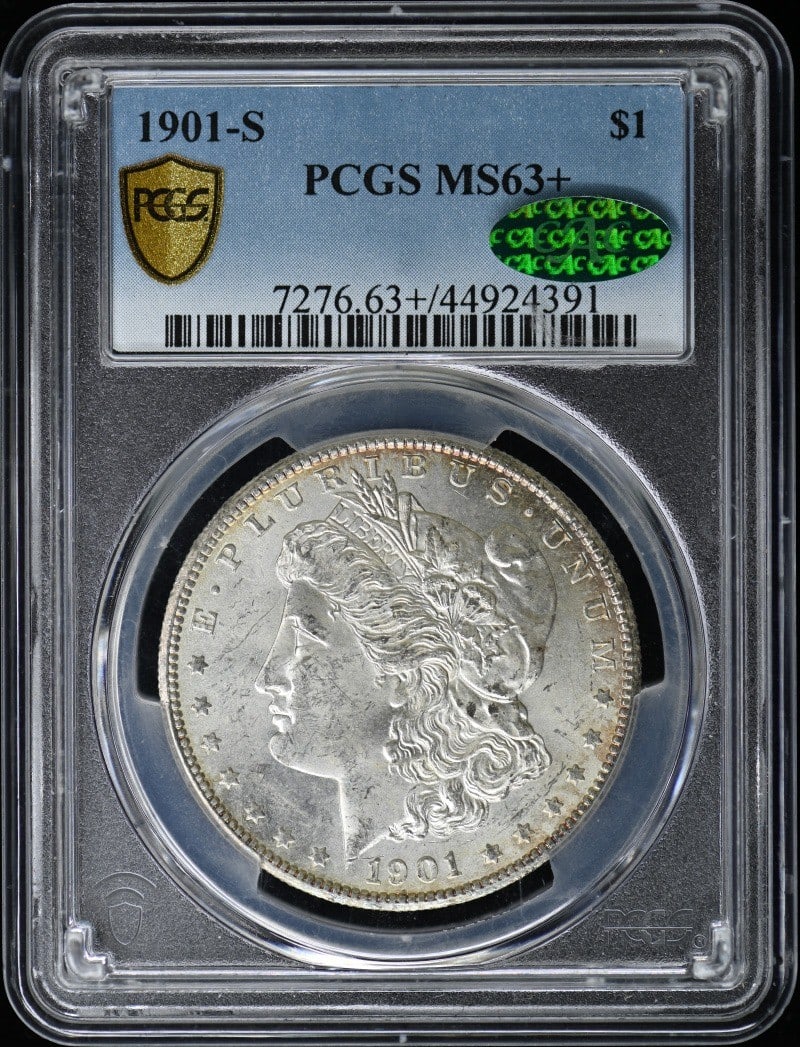 1901-S Morgan Dollar PCGS MS63+ CAC Uncirculated San Francisco: 1901-S Morgan Dollar PCGS MS63+ CAC Uncirculated San Francisco This 1901-S Morgan Dollar is a stunning example of American coinage, certified by PCGS with a grade of MS63+ and featuring a CAC approval