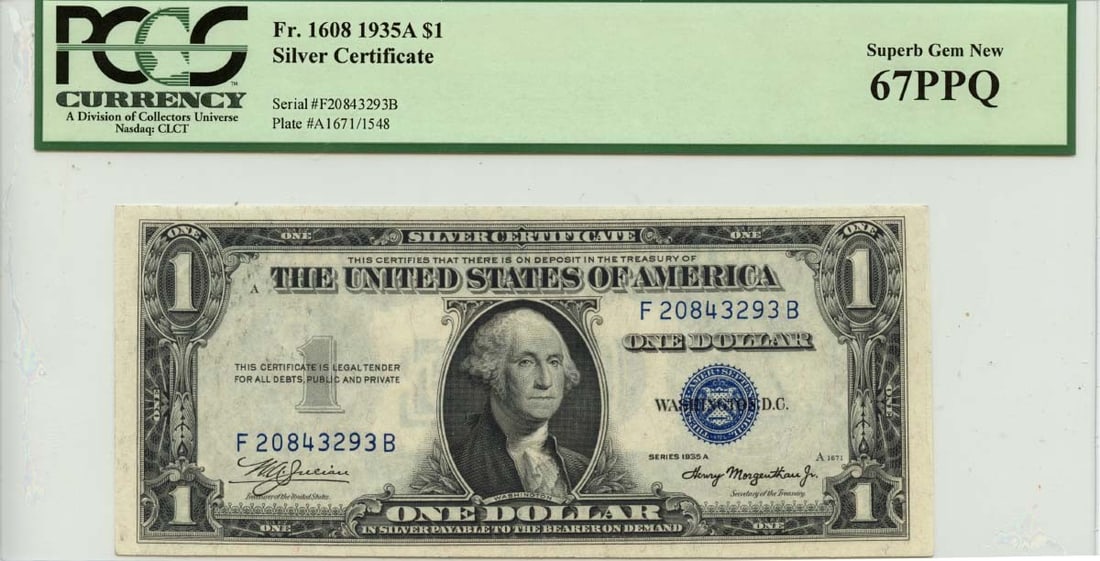 PCGS MS67 1935A $1 Silver Certificate FR1608 Uncirculated Note: PCGS MS67 1935A $1 Silver Certificate FR1608 Uncirculated Note This is a 1935A $1 Silver Certificate, cataloged as FR#1608, graded Superb Gem MS67 by PCGS Currency. The note is uncirculated and remain