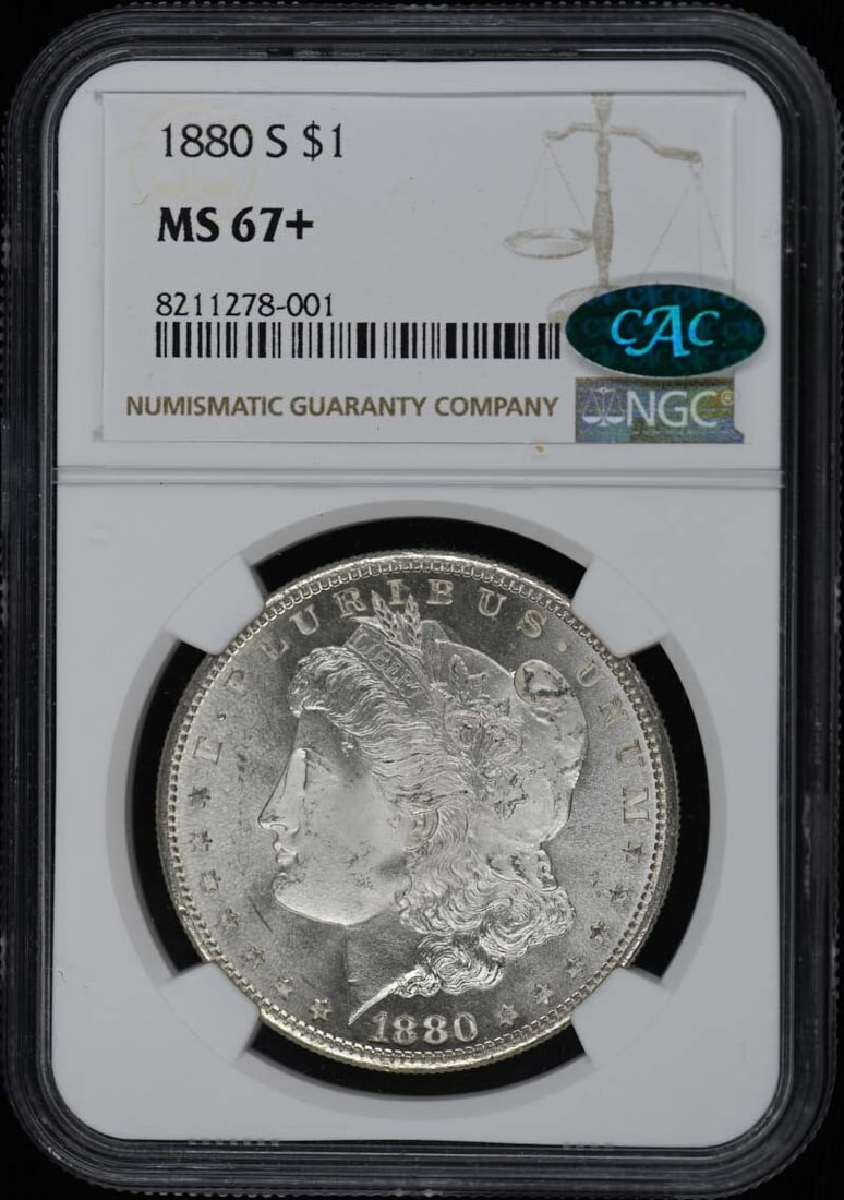 1880-S Morgan Dollar NGC MS67+ CAC Uncirculated: 1880-S Morgan Dollar NGC MS67+ CAC Uncirculated This 1880-S Morgan Dollar is a stunning example of American coinage, graded MS67+ by NGC with a CAC designation, indicating its exceptional quality. Min