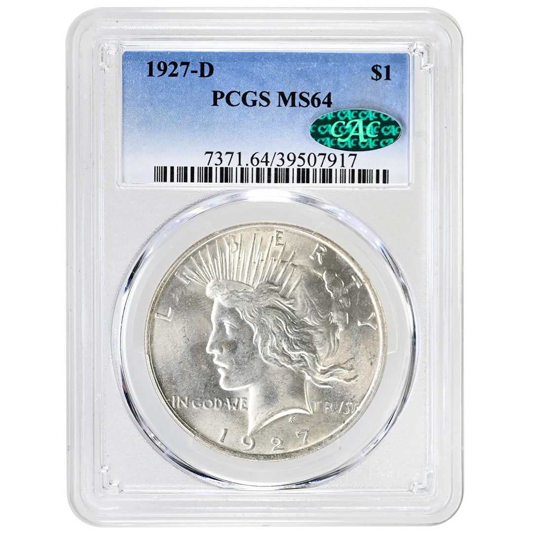 PCGS MS64 CAC 1927-D Peace Silver Dollar Uncirculated Rare: PCGS MS64 CAC 1927-D Peace Silver Dollar Uncirculated Rare This 1927-D Peace Dollar is an un-used, pre-owned United States coin struck at the Denver Mint. Certified MS64 by PCGS with CAC approval, it