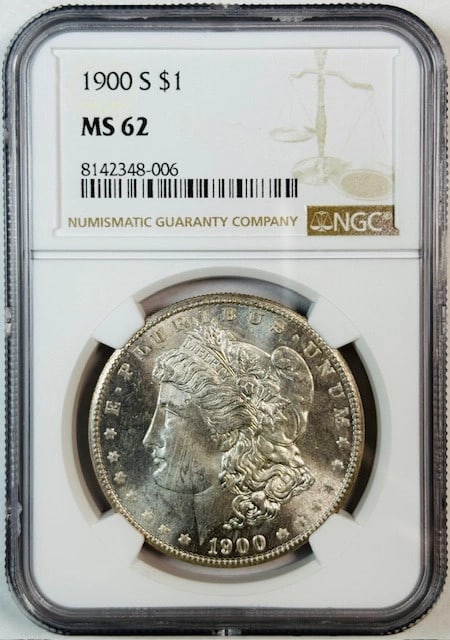 San Francisco 1900 Silver Morgan Dollar NGC MS62 Certified: San Francisco 1900 Silver Morgan Dollar NGC MS62 Certified This 1900 Morgan Silver Dollar was minted in San Francisco and certified by NGC with a grade of MS 62. It is composed of silver and is classi