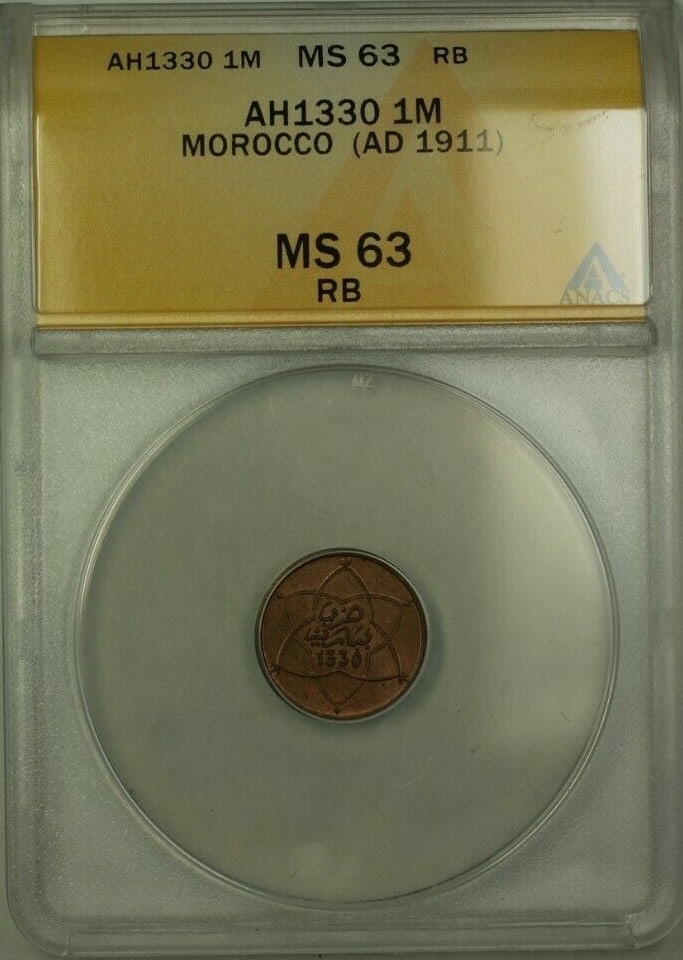 1911 Morocco 1 Mazuna ANACS MS 63 Red Brown Certified Coin: 1911 Morocco 1 Mazuna ANACS MS 63 Red Brown Certified Coin This is a 1 Mazuna coin from Morocco dated AH1330 (AD 1911). Certified by ANACS with a grade of MS 63 Red Brown, this pre-owned coin is a col