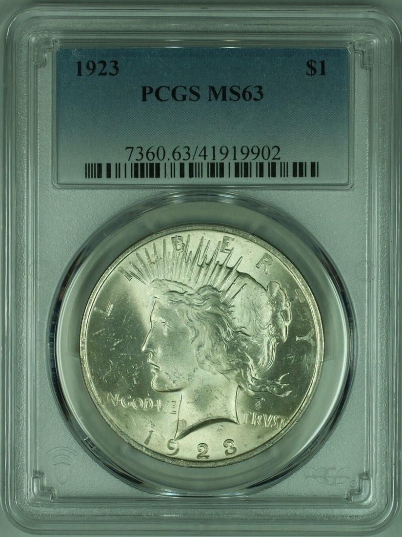PCGS MS63 1923 Peace Dollar Silver Coin From Philadelphia: PCGS MS63 1923 Peace Dollar Silver Coin From Philadelphia This is a 1923 Peace Silver Dollar from the United States, graded MS-63 by PCGS. Struck at the Philadelphia Mint, this uncirculated coin is co