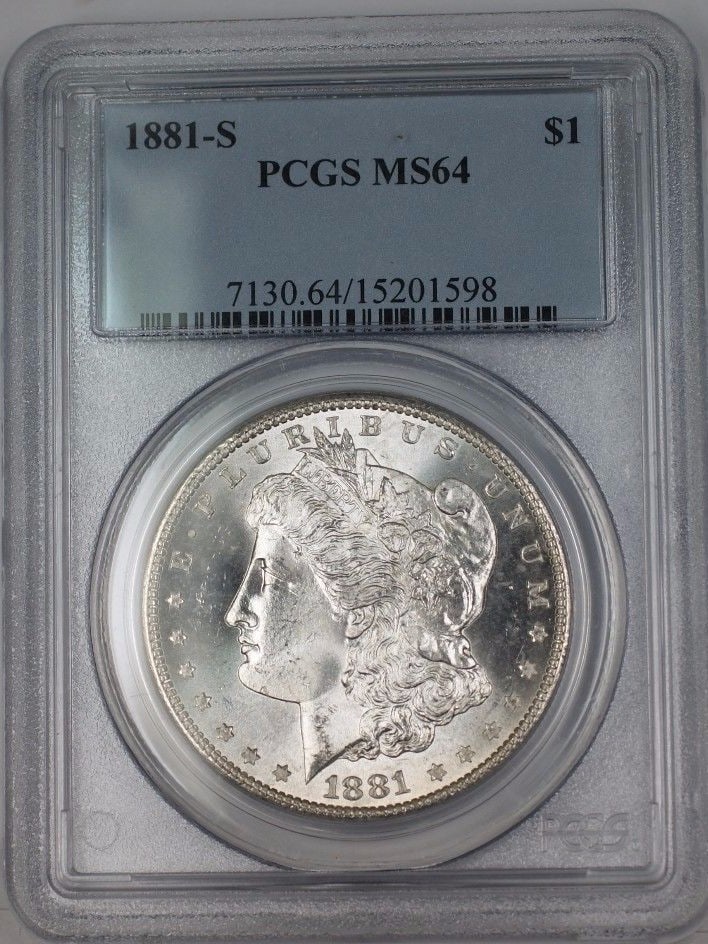 PCGS MS64 1881-S Morgan Dollar San Francisco Silver Uncirculated Light Toning: PCGS MS64 1881-S Morgan Dollar San Francisco Silver Uncirculated Light Toning This 1881-S US Morgan Silver Dollar is certified by PCGS with a grade of MS 64. The coin features light toning and was min