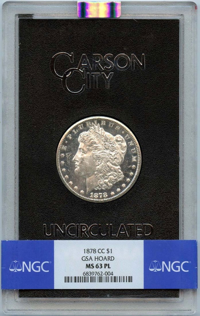 1878-CC Morgan Dollar GSA Hoard NGC MS63PL Proof-Like: 1878-CC Morgan Dollar GSA Hoard NGC MS63PL Proof-Like This stunning 1878-CC Morgan Dollar is a remarkable piece certified by NGC with a grade of MS63PL, indicating its uncirculated condition and proof
