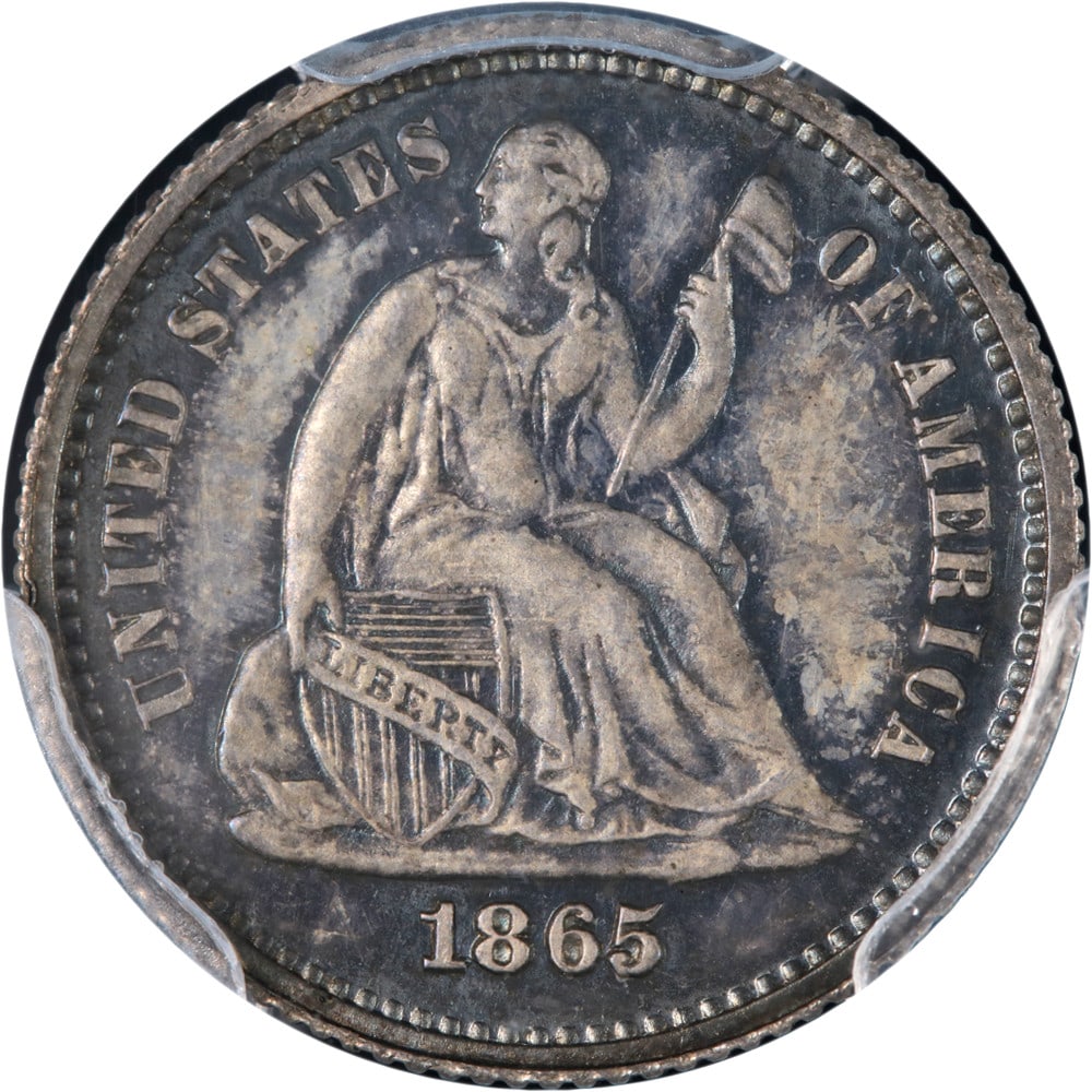 1865 Seated Liberty Half Dime Silver PCGS PR65 Uncirculated Coin: 1865 Seated Liberty Half Dime Silver PCGS PR65 Uncirculated Coin This 1865 Seated Liberty Half Dime is a stunning example of numismatic artistry, certified by PCGS with a grade of PR65. The coin boast