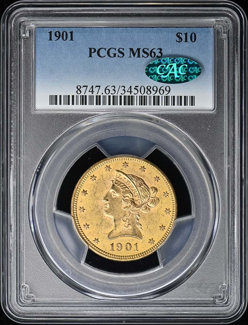 1901 Liberty Head $10 Eagle Coin PCGS MS63 CAC: 1901 Liberty Head $10 Eagle Coin PCGS MS63 CAC This stunning 1901 $10 Liberty Head Eagle coin is certified by PCGS with a grade of MS63, indicating its uncirculated condition. With its rich history an