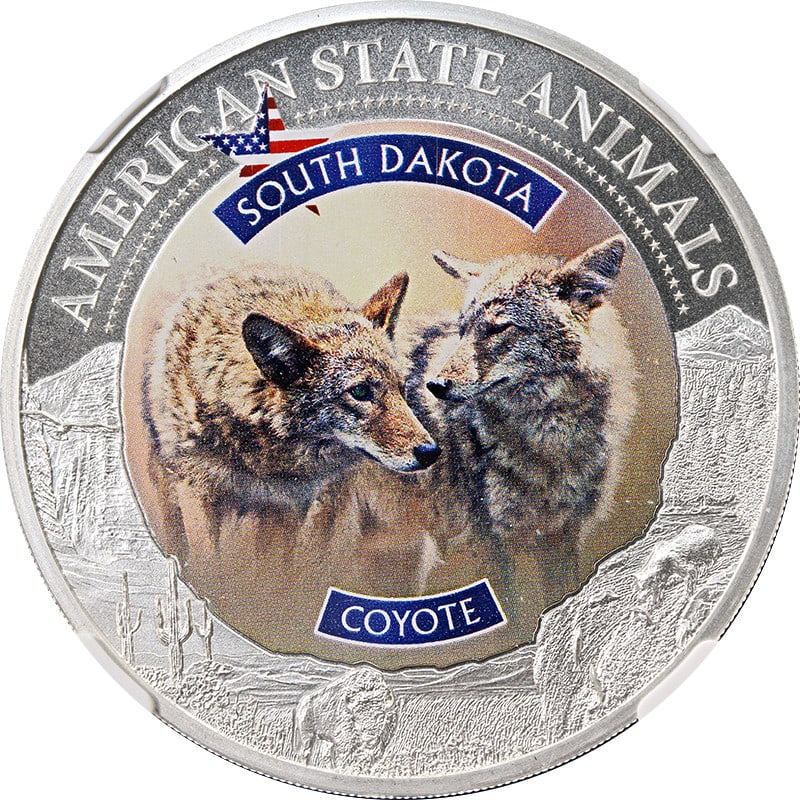 NGC MS70 2022 Cook Island $5 Silver Coyote Animal Series Coin: NGC MS70 2022 Cook Island $5 Silver Coyote Animal Series Coin This 2022 Cook Island 1oz Silver $5 coin from the Animal Series features the South Dakota Coyote and is graded NGC MS70. Struck in 0.999 f