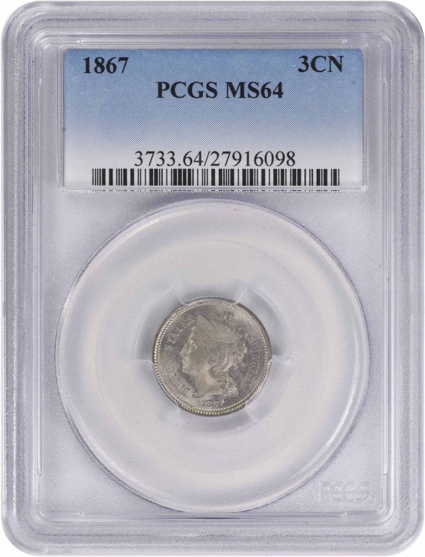 1867 Uncirculated Three Cent Nickel MS64 PCGS Certified: 1867 Uncirculated Three Cent Nickel MS64 PCGS Certified This 1867 Three Cent Nickel is a remarkable piece of numismatic history, certified by PCGS with a grade of MS64. Minted in Philadelphia, this un