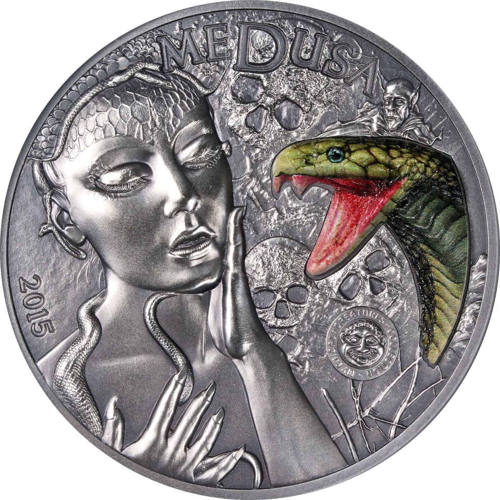 2oz Silver 2015 Medusa Coin Palau $10 NGC MS70 Antiqued Mythical Creatures: 2oz Silver 2015 Medusa Coin Palau $10 NGC MS70 Antiqued Mythical Creatures This 2015 Palau 2oz Silver $10 coin from the Mythical Creatures series features Medusa and is certified by NGC with a grade o
