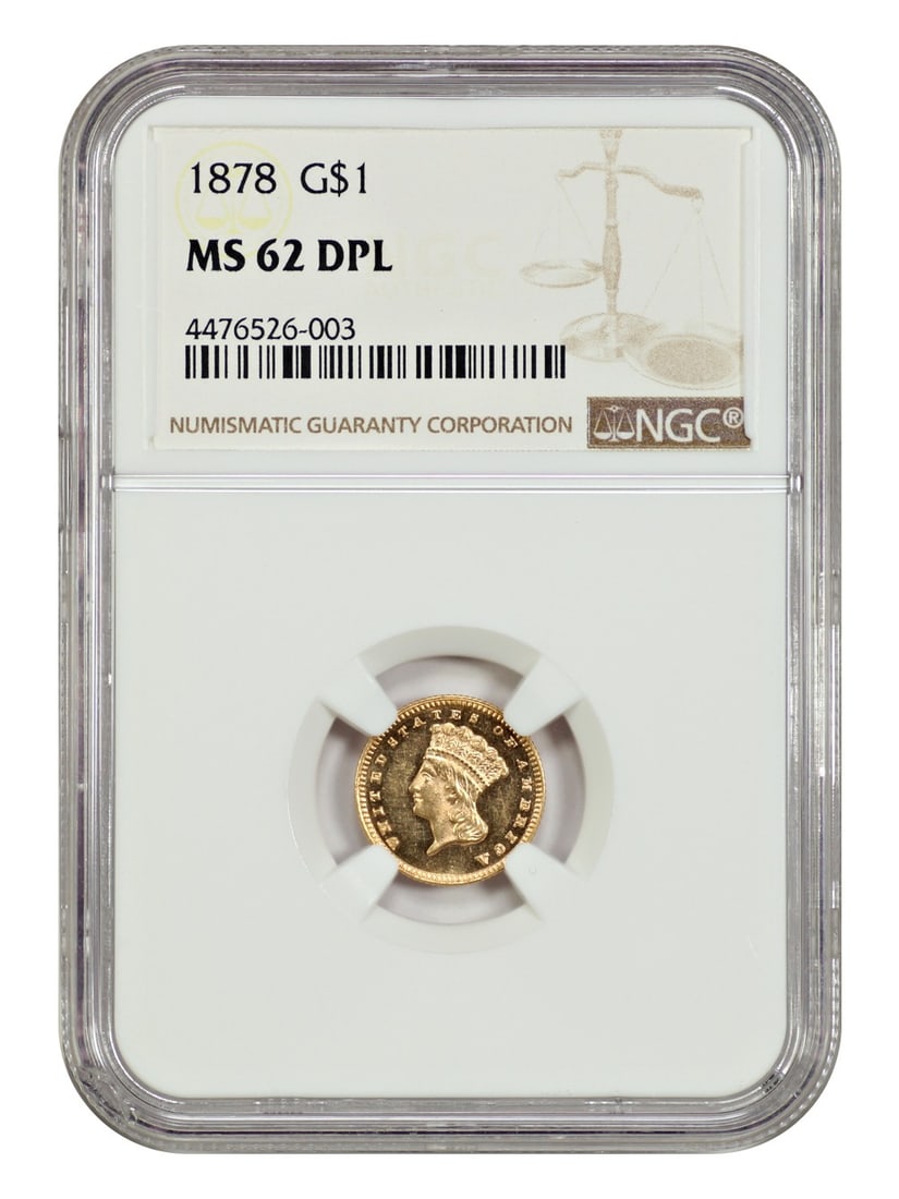 1878 Gold Dollar G$1 NGC MS62DMPL Low Mintage: 1878 Gold Dollar G$1 NGC MS62DMPL Low Mintage This stunning 1878 Gold Dollar, graded MS62DMPL by NGC, represents a rare opportunity for collectors. With a low mintage of only 3,000 coins, this uncircu