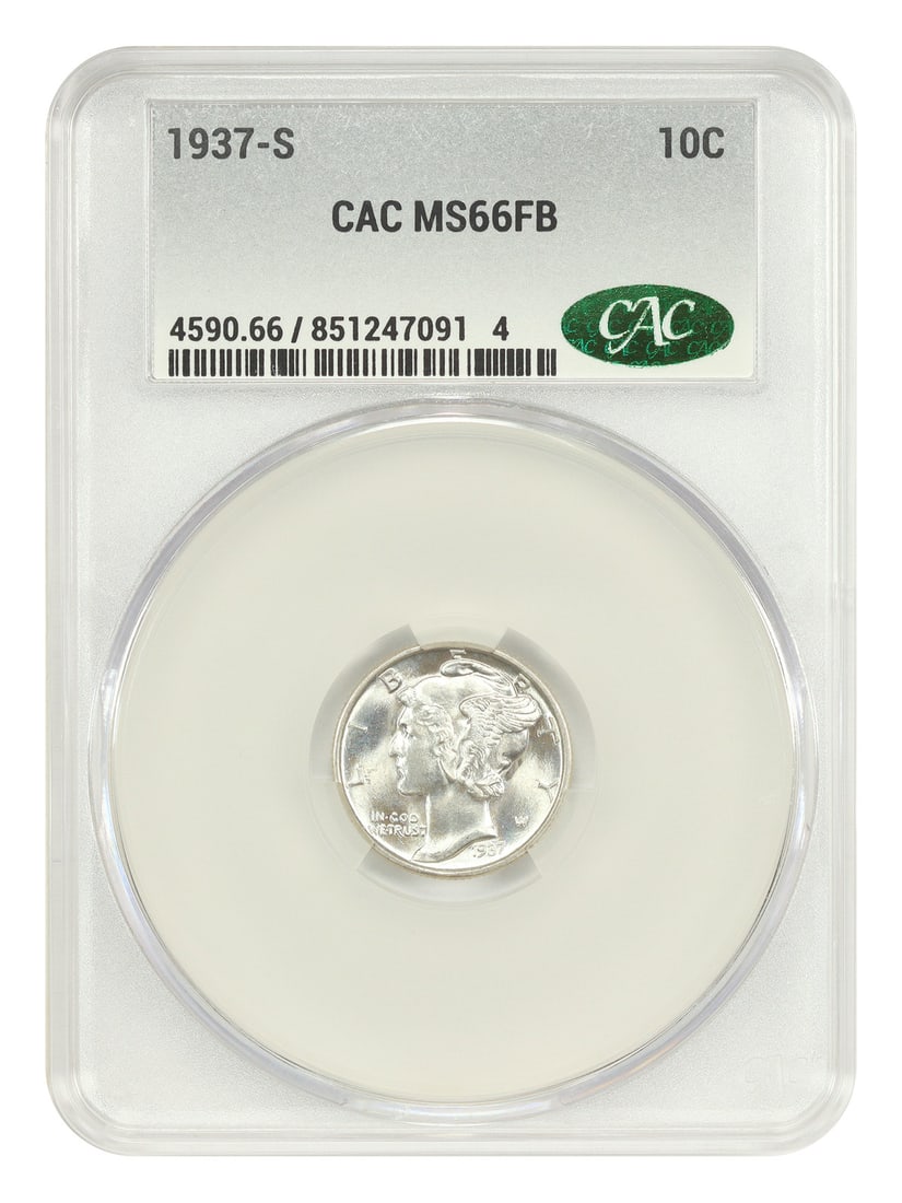 CACG Graded 1937 San Francisco Mercury Dime MS66FB 10 Cent Coin: CACG Graded 1937 San Francisco Mercury Dime MS66FB 10 Cent Coin This is a 1937-S Mercury Dime, certified by CACG with a grade of MS66FB. The coin is uncirculated and features a full band (FB) strike,