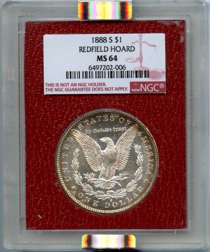 1888-S Morgan Dollar NGC MS64 Redfield Hoard Uncirculated: 1888-S Morgan Dollar NGC MS64 Redfield Hoard Uncirculated This 1888-S Morgan Dollar is a remarkable piece from the Redfield Hoard, certified by NGC with a grade of MS64, reflecting its uncirculated co