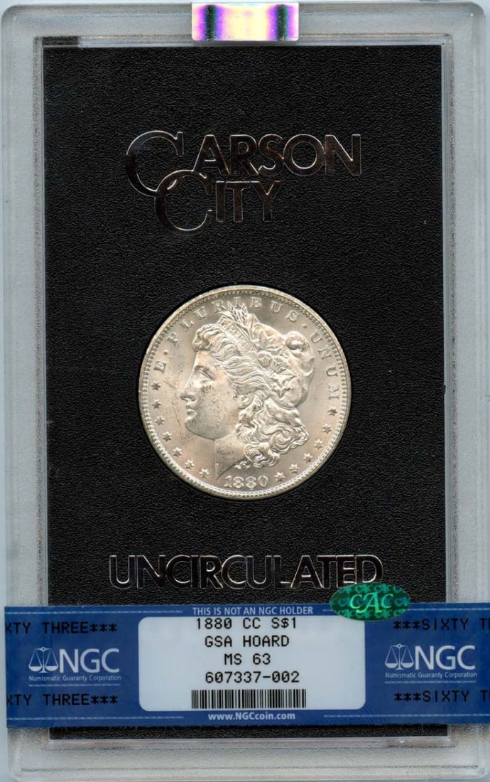 1880-CC Morgan Dollar GSA Hoard NGC MS63 Uncirculated: 1880-CC Morgan Dollar GSA Hoard NGC MS63 Uncirculated This 1880-CC Morgan Dollar is a remarkable piece certified by NGC with a grade of MS63, indicating it is uncirculated and in excellent condition.