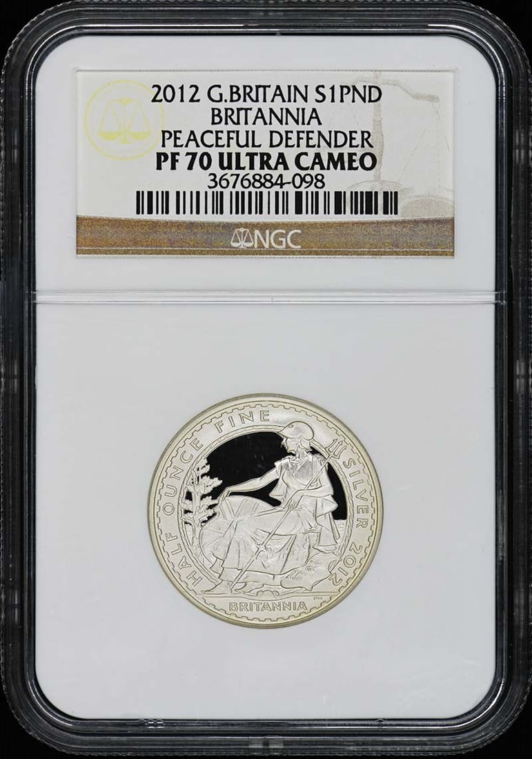 2012 Great Britain Britannia Silver Coin NGC PR70DCAM: 2012 Great Britain Britannia Silver Coin NGC PR70DCAM This 2012 Great Britain Britannia coin is graded PR70 by NGC, signifying its perfect condition. It is an uncirculated piece, ensuring that it has