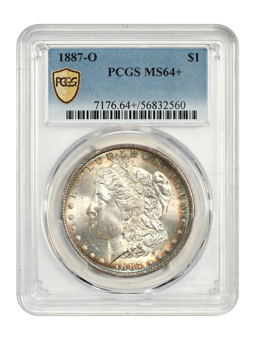 PCGS MS64 Plus 1887-O Morgan Silver Dollar With Vibrant Toning: PCGS MS64 Plus 1887-O Morgan Silver Dollar With Vibrant Toning This 1887-O Morgan Dollar features colorful toning and is graded MS64+ by PCGS. Minted in New Orleans, this uncirculated silver dollar is