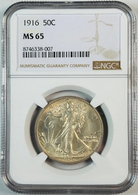 NGC MS 65 1916 US Silver Walking Liberty Half Dollar Coin: NGC MS 65 1916 US Silver Walking Liberty Half Dollar Coin This is a 1916 Walking Liberty Half Dollar, certified by NGC with a grade of MS 65. The coin is composed of silver, is uncirculated, and origi
