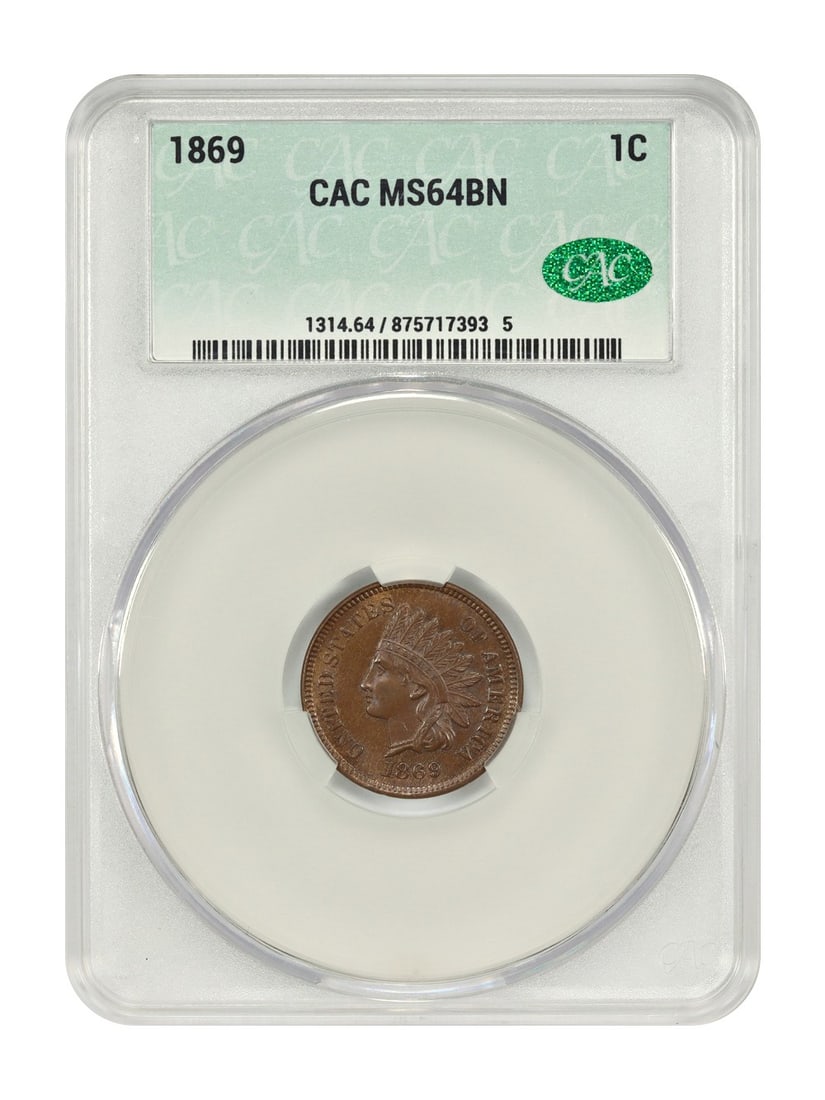 1869 Indian Head Cent CACG MS64BN Semi-Key Date Brown Uncirculated: 1869 Indian Head Cent CACG MS64BN Semi-Key Date Brown Uncirculated This 1869 Indian Cent is a popular semi-key date highly sought after by collectors. Graded MS64BN by CACG, it features a striking bro