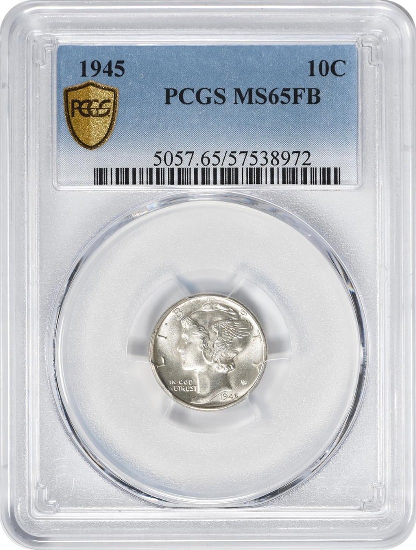 1945 Mercury Dime 10C MS65FB PCGS Uncirculated Silver Coin: 1945 Mercury Dime 10C MS65FB PCGS Uncirculated Silver Coin This 1945 Mercury Silver Dime is a remarkable piece of numismatic history, certified MS65FB by PCGS, indicating its high-quality uncirculated