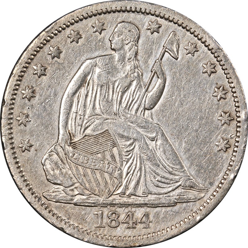 1844-O Seated Half Dollar Doubled Date XF/AU Key Date Silver Coin: 1844-O Seated Half Dollar Doubled Date XF/AU Key Date Silver Coin This 1844-O Seated Half Dollar 'Doubled Date' is a key date coin that showcases great eye appeal and a strong strike. The coin is made