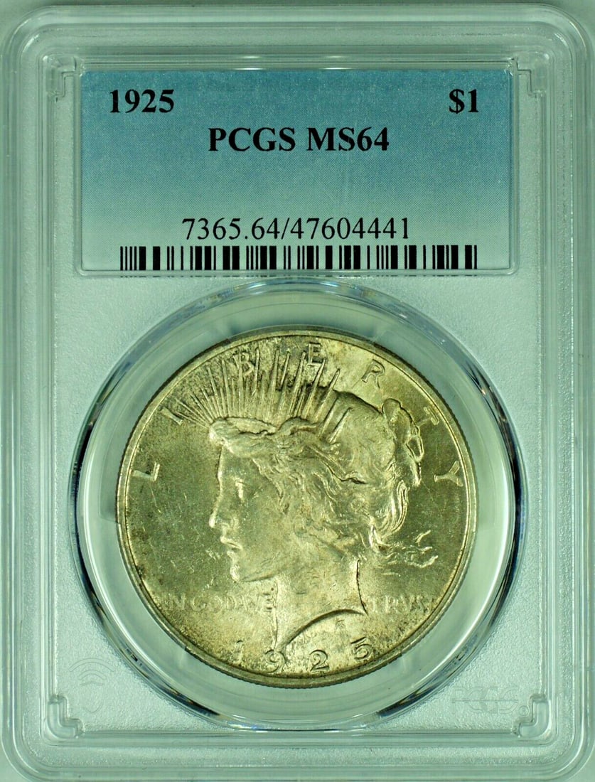 1925 Peace Dollar Silver $1 PCGS MS64 Uncirculated Toned Coin: 1925 Peace Dollar Silver $1 PCGS MS64 Uncirculated Toned Coin This is a 1925 Peace Silver Dollar $1 coin featuring attractive toning. Graded MS 64 by PCGS, this uncirculated coin is composed of silver