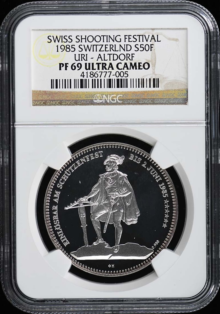 1985 Switzerland KM-S24 Altdorf Festival S50F NGC PR69 DCAM: 1985 Switzerland KM-S24 Altdorf Festival S50F NGC PR69 DCAM This 1985 Switzerland KM-S24 Altdorf Festival coin is graded PR69 by NGC, indicating its exceptional quality and uncirculated condition. Thi