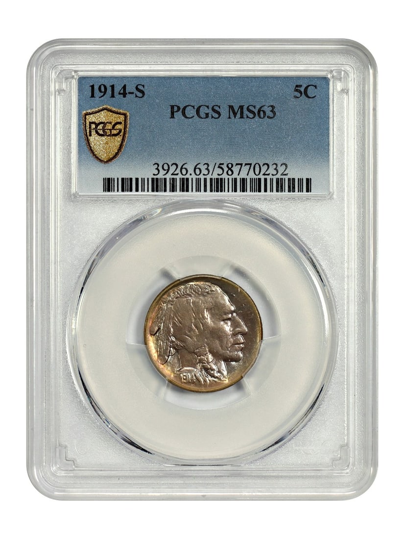 San Francisco Mint 1914 Buffalo Nickel PCGS MS63 Certified 5C Coin: San Francisco Mint 1914 Buffalo Nickel PCGS MS63 Certified 5C Coin This is a 1914-S Buffalo Nickel graded MS63 by PCGS. The coin is uncirculated and was minted in San Francisco. It represents a better