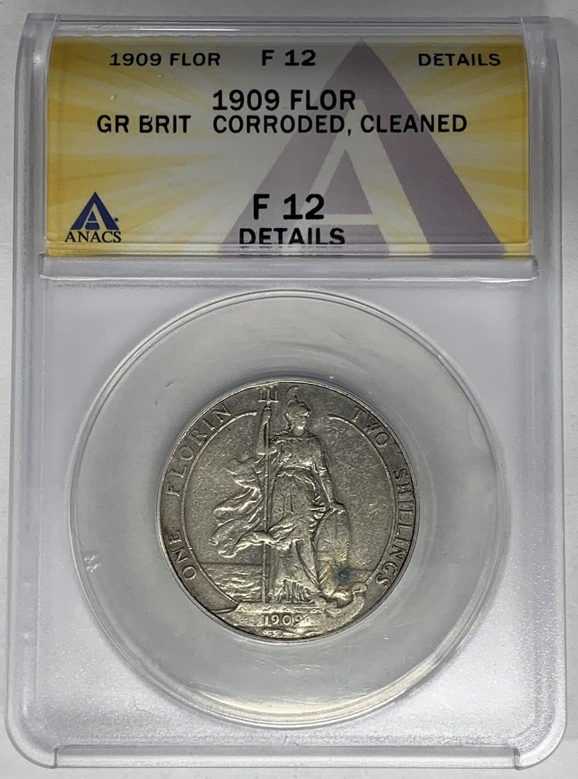 1909 United Kingdom Silver Florin ANACS F 12 Graded Two Shillings Coin: 1909 United Kingdom Silver Florin ANACS F 12 Graded Two Shillings Coin This 1909 Great Britain 1 Florin coin is certified by ANACS with a grade of F 12. The coin has a denomination of two shillings an