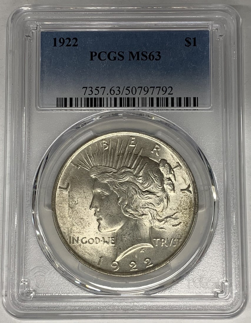 1922 Peace Dollar Silver Coin PCGS MS 63 Certified Uncirculated: 1922 Peace Dollar Silver Coin PCGS MS 63 Certified Uncirculated This is a 1922 Peace Silver Dollar coin from the United States, certified by PCGS with a grade of MS 63. The coin is composed of silver,