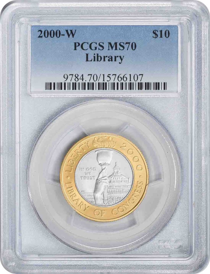 2000 Library of Congress $10 Bimetallic Gold Platinum MS70 PCGS Uncirculated: 2000 Library of Congress $10 Bimetallic Gold Platinum MS70 PCGS Uncirculated This 2000-W Library of Congress Commemorative $10 coin is a stunning piece, crafted with a bimetallic composition of gold a