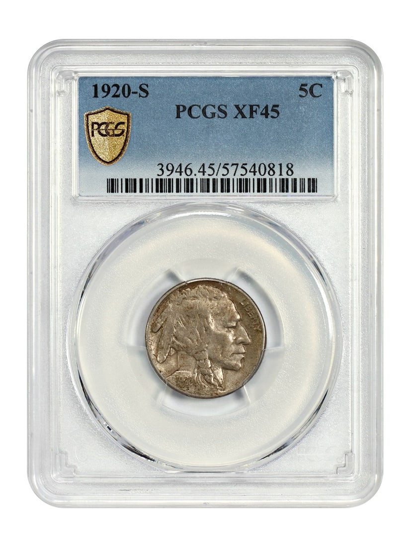 PCGS XF45 San Francisco Mint 1920-S Buffalo Nickel Five Cent Coin: PCGS XF45 San Francisco Mint 1920-S Buffalo Nickel Five Cent Coin This is a 1920-S Buffalo Nickel, graded XF45 by PCGS. The coin was minted in San Francisco and has a denomination of 5 cents. It is a