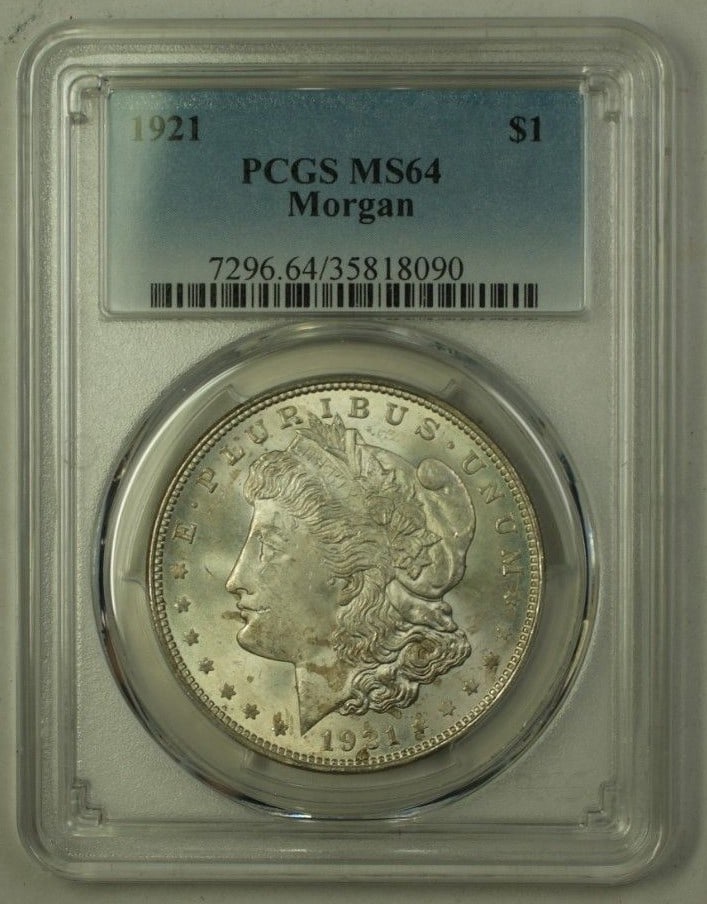 1921 Morgan Dollar Silver $1 PCGS MS64 Philadelphia Mint Certified Coin: 1921 Morgan Dollar Silver $1 PCGS MS64 Philadelphia Mint Certified Coin This 1921 Morgan Silver Dollar is a $1 coin from the United States, minted in Philadelphia. Certified by PCGS with a grade of MS