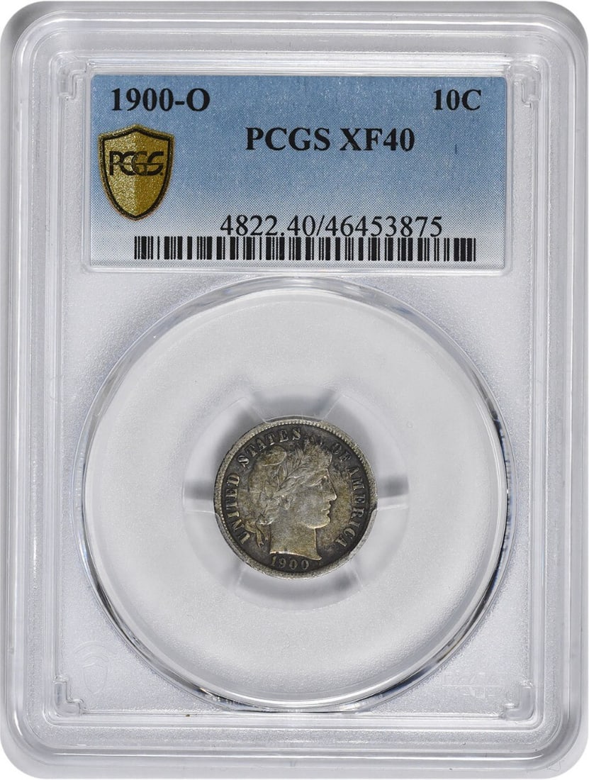 1900-O Barber Silver Dime 10C PCGS Certified XF40 Coin: 1900-O Barber Silver Dime 10C PCGS Certified XF40 Coin This 1900-O Barber Silver Dime showcases a beautiful design by Charles E. Barber, featuring the iconic Liberty head on the obverse and a majestic