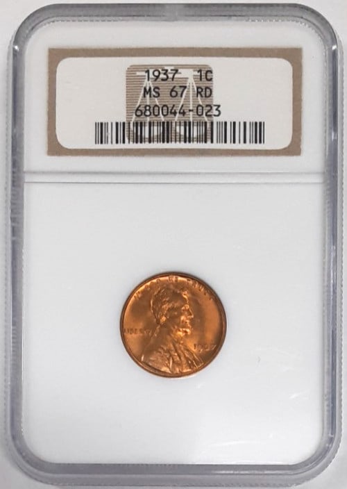1937 NGC MS-67 Red Lincoln Wheat Cent Bronze Small Cent: 1937 NGC MS-67 Red Lincoln Wheat Cent Bronze Small Cent This is a 1937 Lincoln Wheat Cent from the United States, composed of bronze and featuring a red color designation. Graded MS-67 Red by NGC, thi