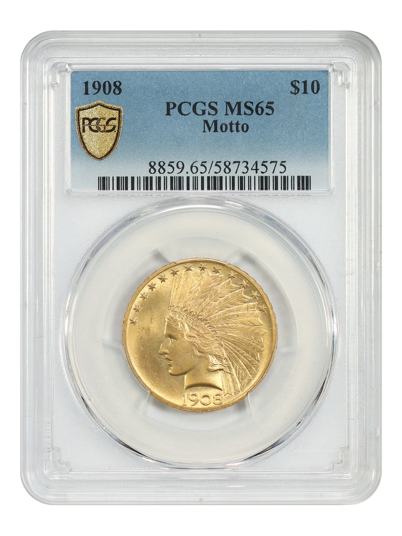 1908 Indian $10 Gold Coin PCGS MS65 With Motto First-Year Issue: 1908 Indian $10 Gold Coin PCGS MS65 With Motto First-Year Issue This 1908 Indian $10 gold coin is a first-year "With Motto" type, graded MS65 by PCGS. The coin features bold details and a lustrous gol