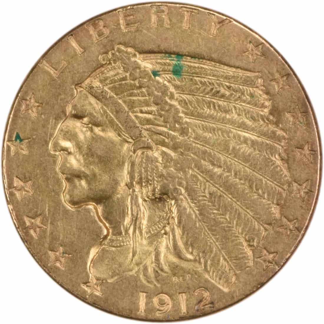 1912 Indian Head $2.50 Gold Coin AU About Uncirculated Uncertified: 1912 Indian Head $2.50 Gold Coin AU About Uncirculated Uncertified This 1912 $2.50 Gold Indian coin was minted in Philadelphia and features a design by Bela Lyon Pratt. Struck in 90% gold and 10% copp