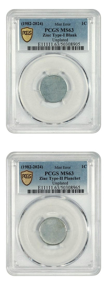Mint Error Set 1982 1C PCGS MS63 Zinc T1 Blank T2 Planchet Unplated: Mint Error Set 1982 1C PCGS MS63 Zinc T1 Blank T2 Planchet Unplated Discover a remarkable set of mint errors featuring a 1982 Lincoln Cent with a PCGS MS63 certification. This uncirculated set include