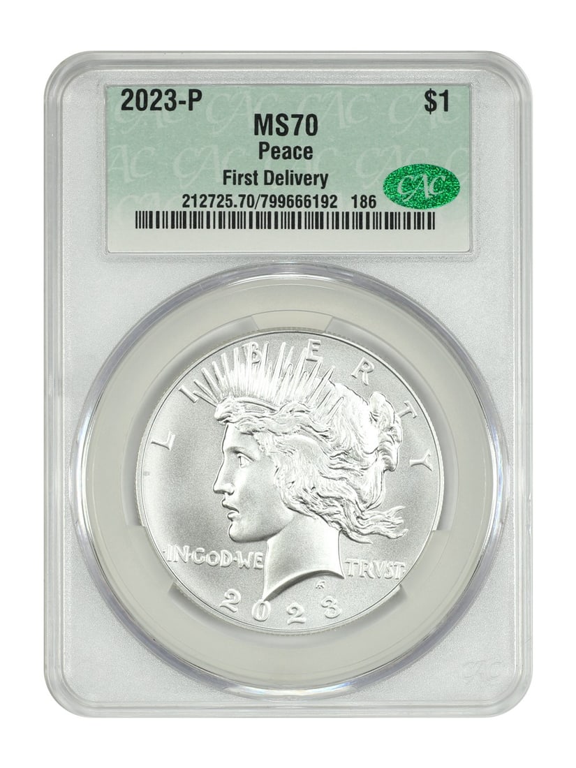 Peace Dollar 2023 Philadelphia CACG MS70 First Delivery Silver Coin: Peace Dollar 2023 Philadelphia CACG MS70 First Delivery Silver Coin This 2023-P Peace Dollar is a modern commemorative coin graded MS70 by CACG, indicating it is in top uncirculated condition. Minted