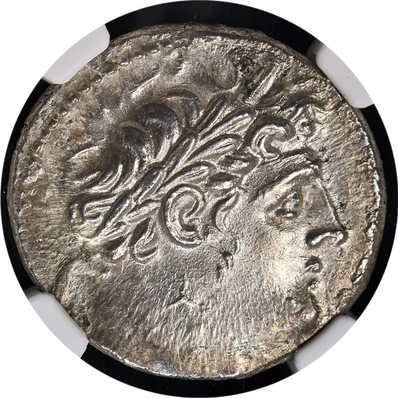Phoenicia Tyre Silver Shekel 126 BC NGC Choice AU Year 20: Phoenicia Tyre Silver Shekel 126 BC NGC Choice AU Year 20 This exquisite Silver Shekel from Phoenicia, Tyre, dated 126/5 BC - AD 65/6 (Year 20, 107/6 BC), showcases remarkable eye appeal with brillian