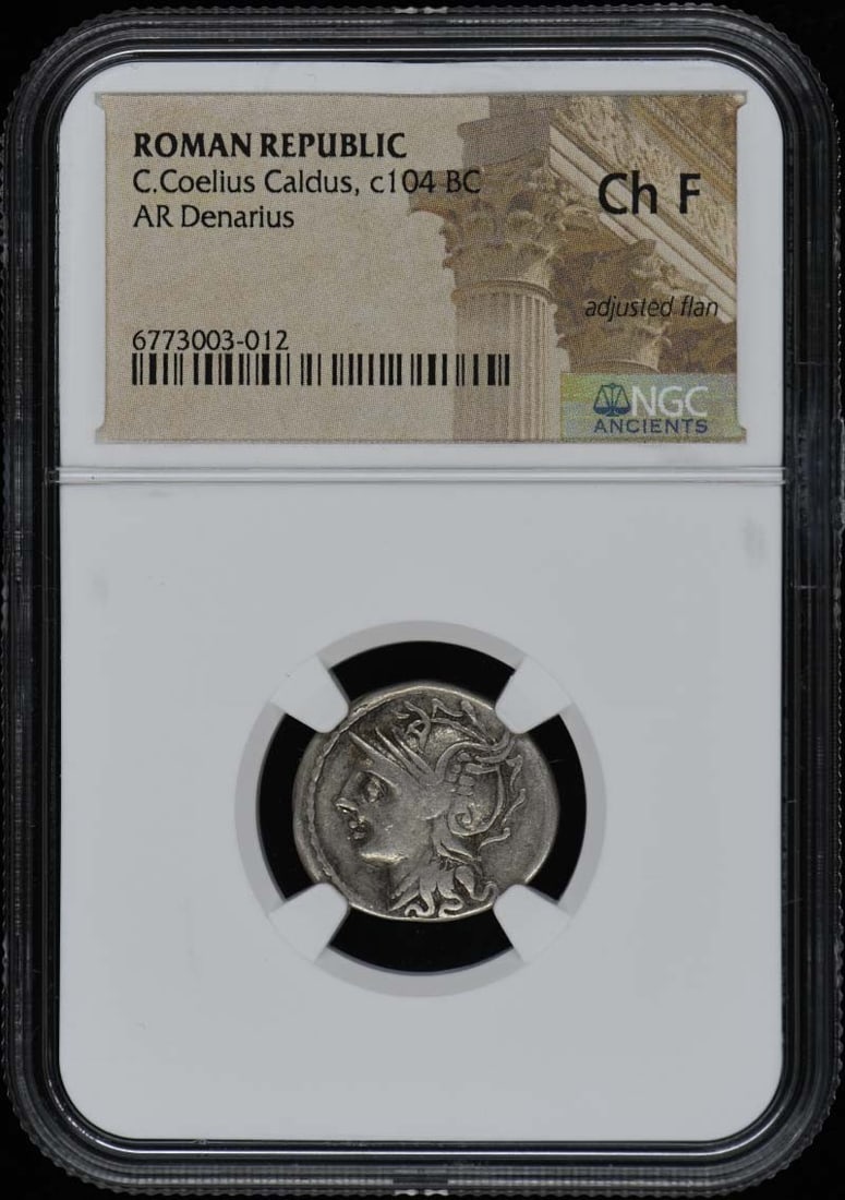 C.Coelius Caldus 104 BC Roman Republic AR Denarius NGC F15: C.Coelius Caldus 104 BC Roman Republic AR Denarius NGC F15 This Ancient Roman denarius, minted around 104 BC, features the craftsmanship of C. Coelius Caldus. Certified by NGC with a grade of F15, thi