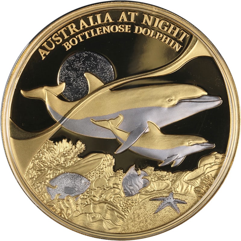2025 Niue Gold $100 Dolphin Coin 1oz with Platinum Plated OGP: 2025 Niue Gold $100 Dolphin Coin 1oz with Platinum Plated OGP This 2025 Niue 1 Ounce Gold $100 Australia Night Bottlenose Dolphin coin is a proof-quality collectible featuring selective platinum plati
