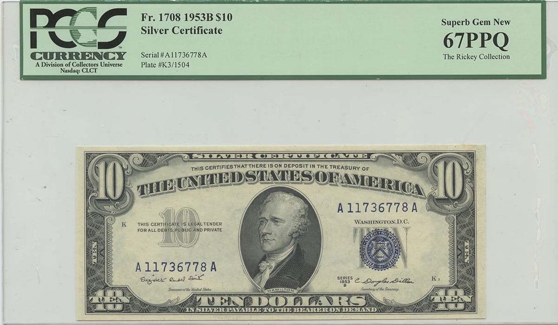 1953B $10 Silver Certificate FR#1708 PCGS 67 Uncirculated Note: 1953B $10 Silver Certificate FR#1708 PCGS 67 Uncirculated Note This 1953B $10 Silver Certificate is a remarkable piece of currency, certified by PCGS Currency, ensuring its quality and authenticity. W