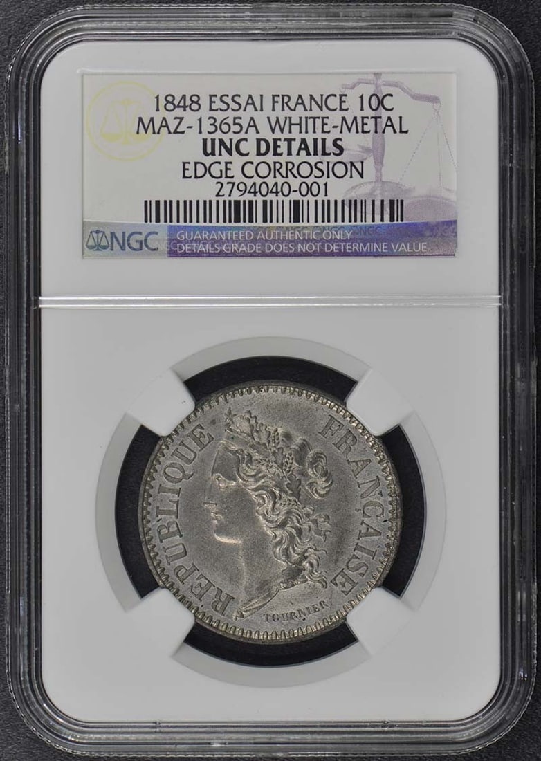1848 France 10c Essai Coin NGC UNC Details Certified: 1848 France 10c Essai Coin NGC UNC Details Certified This stunning 1848 France 10c coin, certified by NGC with the grade of UNC Details, showcases its uncirculated condition, making it a valuable addi
