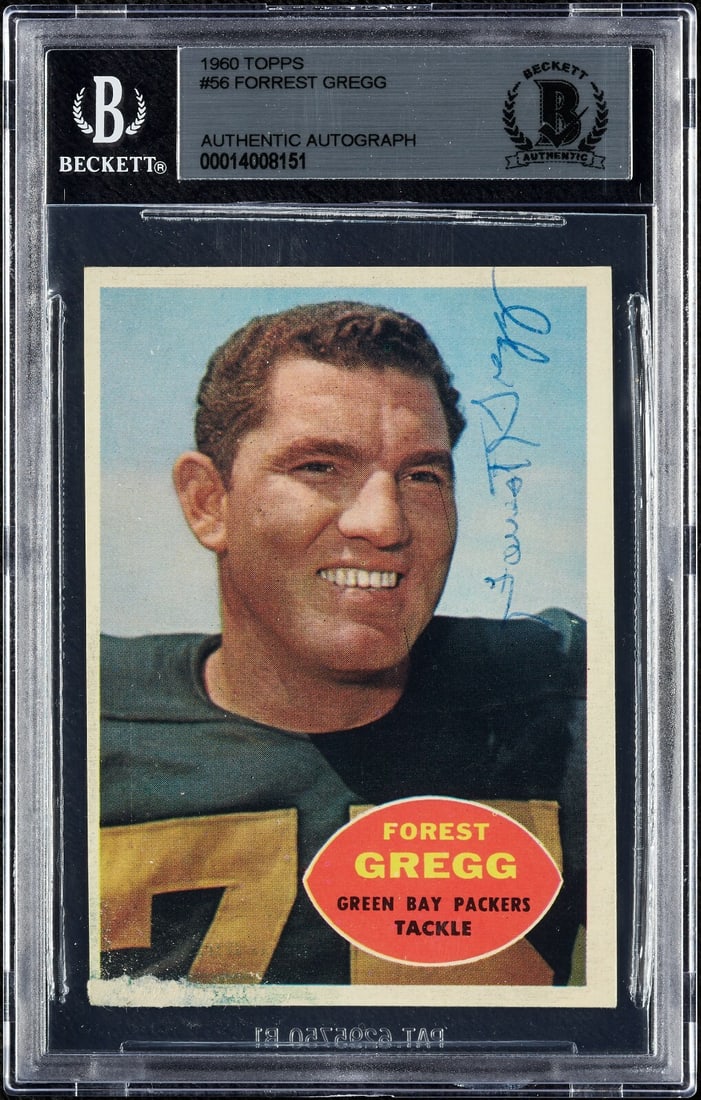 Forrest Gregg 1960 Topps Football RC #56 BGS Authenticated Signed Card: Forrest Gregg 1960 Topps Football RC #56 BGS Authenticated Signed Card This is a signed 1960 Topps Football rookie card of Forrest Gregg, a legendary player in the sport. The card features a hard sign